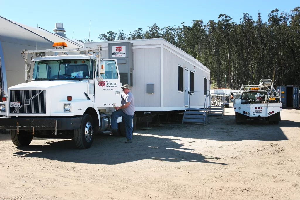 average size office trailer for rent from API Trailers delivered by our white delivery truck