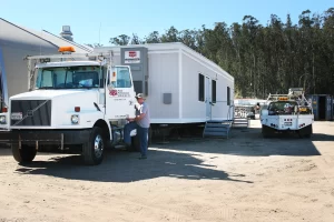 average size office trailer for rent from API Trailers delivered by our white delivery truck